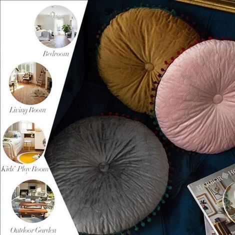 Coussin de chaise – Rond 40cm velours rose avec pompons – pour salle à manger, yoga et balcon (1/4)