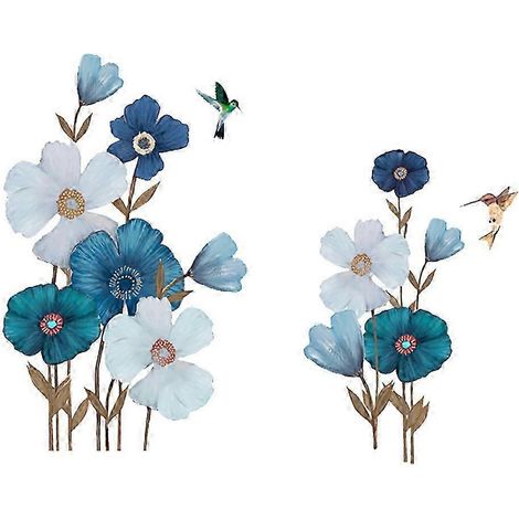 Sticker mural fleurs blanches et bleues, oiseaux volants, plante florale (1/5)