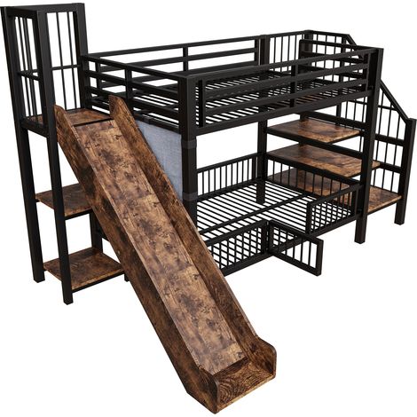 CAIziLit mezzanine métal 90x200 enfant toboggan escalier barrière sécurité noir (1/5)