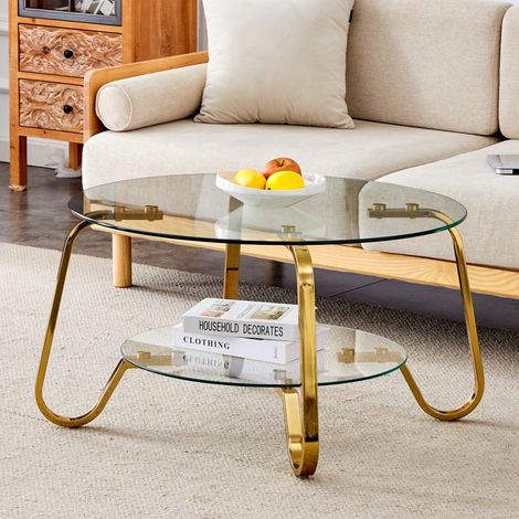 Table Basse Ronde en Verre Trempé Double Plateau et Structure Métallique Style Rétro Minimaliste - 80x80x45cm - Or (1/5)