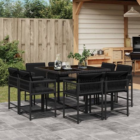 Vidaxl – Ensemble à manger de jardin 9pcs – Résine tressée noire – Coussins épais – Table en verre trempé – Dossier rabattable pour rangement compact (1/5)