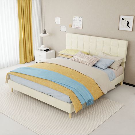 Letto imbottito beige 160x200 con testiera trapuntata a quadri e gambe in legno (1/5)