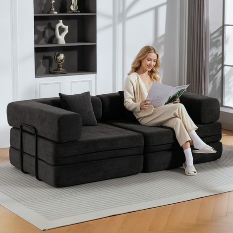 Sofá Cama de 2 Plazas Plegable Tapizado en Chenilla con Acolchado Grueso Reposabrazos Anchos 2 Almohadas Gris Oscuro