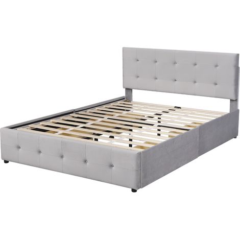 Lit double capitonné 140 x 200 cm avec tiroirs, sommier à lattes et dossier, lit double en velours doux pour adultes et adolescents, gris (matelas non inclus) (1/5)