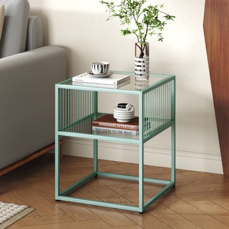 Tavolino Laterale Tronevn con Piano e Ripiano in Vetro Temperato 50 x 40 x 40 cm - Menta Verde [en.casa]