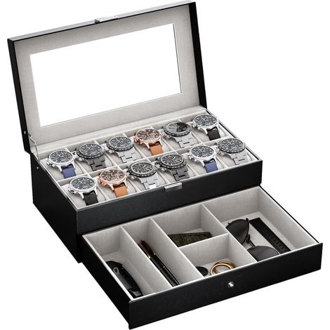 Uhrenbox mit 12 Fächern und Glasdeckel, 2 Ebenen, Schmuckaufbewahrung, Schwarz (1/5)
