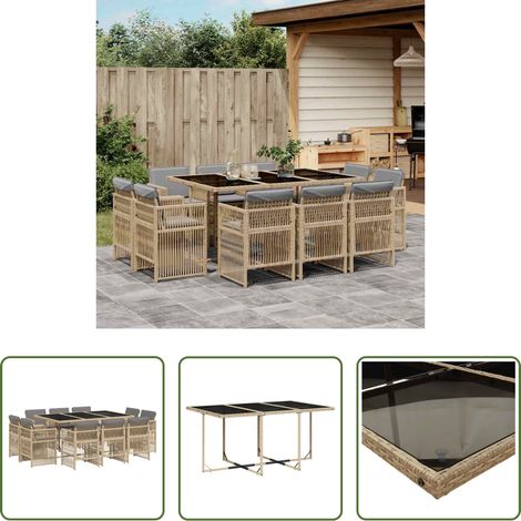 Gartentisch - 11-tlg. Garten-Essgruppe mit Kissen Beigemischung Poly Rattan (1/5)