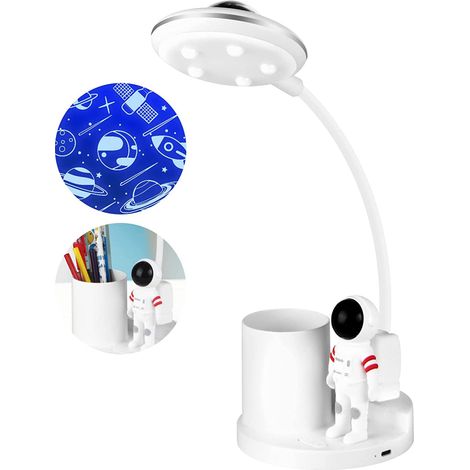 Lampe de bureau LED pour enfants, 5 W, à piles, sans fil, à intensité variable, avec porte-stylo et projecteur, lampe de table flexible à col de cygne, LED à piles pour bureau ou salon - Blanche