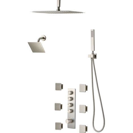 406 mm Deckenmontierte, thermostatische Duscharmatur mit Regenduschkopf, 152 mm Wandbrausekopf, 6 Körperdüsen, Handbrause, Messingarmatur mit gebürsteter Nickeloberfläche (1/5)