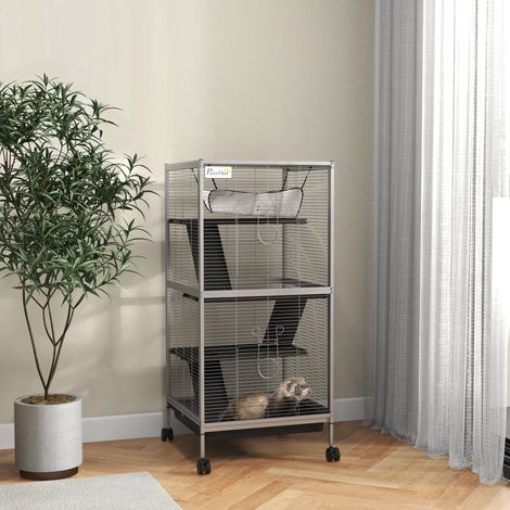 Gabbia per piccoli animali con ruote, 2 porte, 3 rampe, amaca sospesa e vassoio rimovibile, 52x52x113,5 cm, grigia.