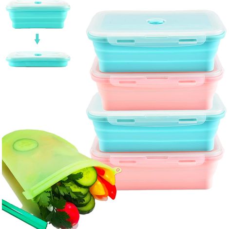 4 recipientes plegables de silicona de 800 ml, con bolsas de almacenamiento incluidas, aptos para horno, microondas, congelador y lavavajillas. (1/5)