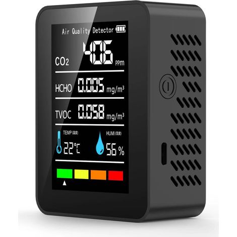 Testeur de qualité de l'air 5 en 1 noir : détecteur de formaldéhyde, capteur de COVT, CO2, PM2.5, thermomètre et hygromètre (1/5)