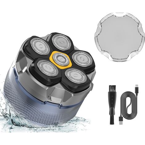 Rasoio per uomo a testa calva, testina di rasatura impermeabile senza fili, testina di rasatura flessibile 6D, testina magnetica, adatto per uso asciutto e bagnato, porta USB-C