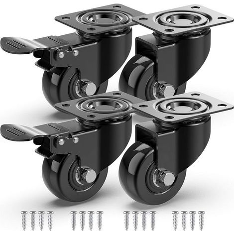 4 Roulettes Pivotantes Pour Meubles dont 2 avec Frein + Vis - 50mm Jusqu'à 200KG - Roulette Sans Traces au Sol pour Charge Lourde - Roue en Caoutchouc pour Chariot - Noires (1/5)