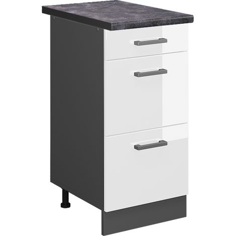 Meuble cuisine R-Line, Blanc Haute brillance, 40 cm avec tiroirs, PT Anthracite, Vicco