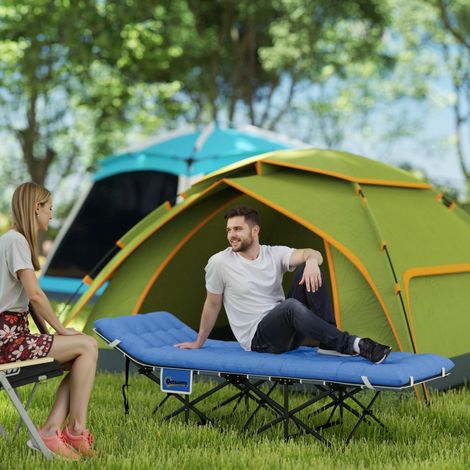 Lit de camp pliant avec matelas, oreiller et poche latérale, 185 x 68 x 37 cm, jusqu'à 150 kg, bleu foncé
