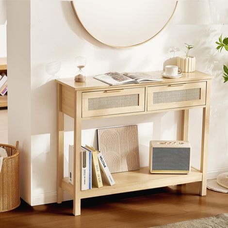 Table Console en rotin avec 2 tiroirs de Rangement, Table d'entrée en rotin Naturel avec Porte coulissante, 1000 x 295 x 815 mm, Rangement pour Salon, Bureau, entrée ou Mur TV, Couleur du Bois (1/5)