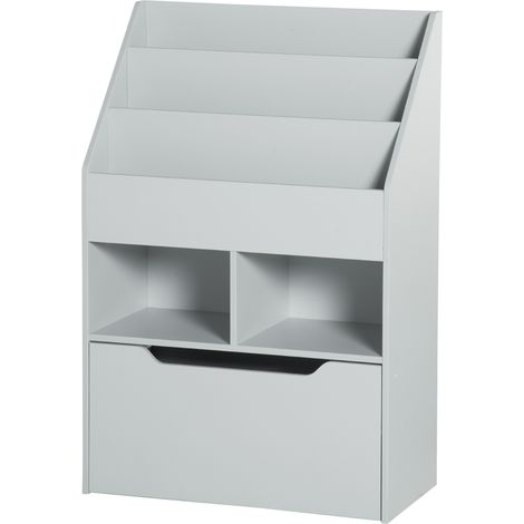 Étagère enfant bois 3 compartiments 2 cubes tiroir mobile 4 roues 60x29,9x90 cm Gris