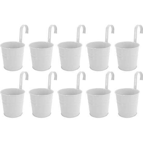 Lot de 10 pots de fleurs suspendus avec crochets amovibles, seaux en métal blancs pour plantes d'intérieur et d'extérieur, décoration murale ou de clôture. (1/5)
