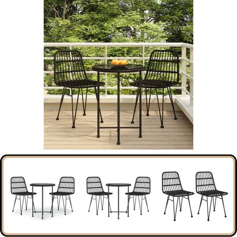 3-tlg. Garten-Essgruppe Schwarz Poly Rattan - Garten Möbel Set - Outdoor Esstisch - Gartentisch - Gartenstuhl - Rattan Gartenmöbel