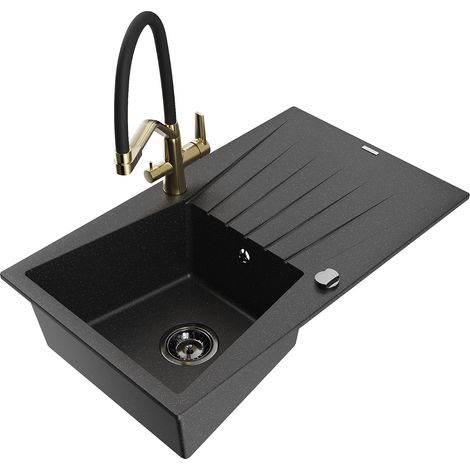 Mexen Cesar fregadero de granito de 1 seno con escurridor y grifo de cocina Duo, negro/metalizado plateado - 6514-73-671701-57-B (1/5)
