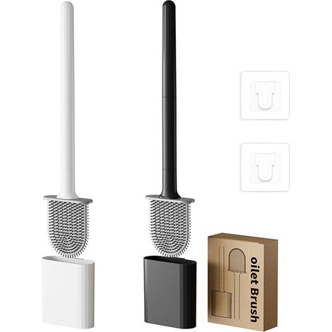 2 Brosse WC Silicone, Brosse Toilette et Supports, Brosse pour Le Nettoyage de Salle de Bain, Montage Mural ou au Sol(Noir,Blanc) (1/5)