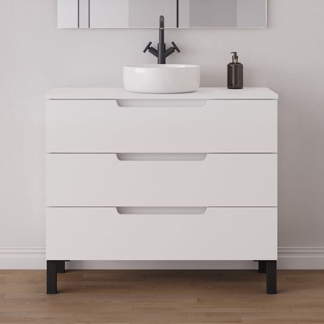 Meuble de salle de bain 90cm avec plateau et vasque à poser ronde - sans miroir - 3 tiroirs - blanc mat - RIZA (1/5)