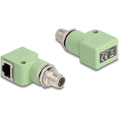 Delock Adaptador M12 codificado X de 8 pines macho a RJ45 hembra Cat.5e con orificio de montaje en Ã¡ngulo de 90Â° verde
