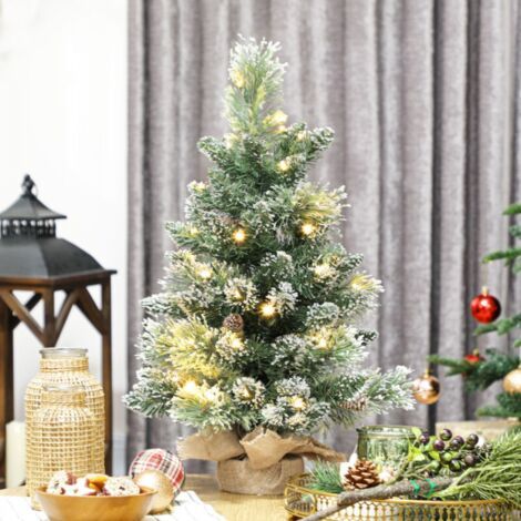 60cm Sapin de Noël artificiel de 60 cm, mini sapin de Noël de bureau floqué, avec 35 lumières LED et pommes de pin, alimenté par piles, vert. (1/4)