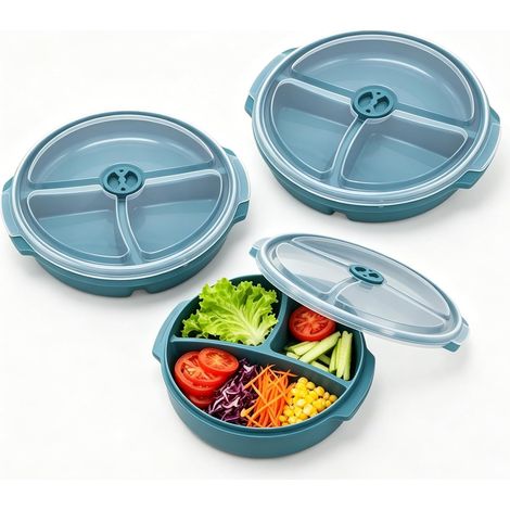 Lot de 3 assiettes à micro-ondes avec couvercle, multi-bols avec 3 compartiments, assiettes portionnées en plastique, rangement séparé, boîte bento pour réchauffer et ranger séparément (1/5)