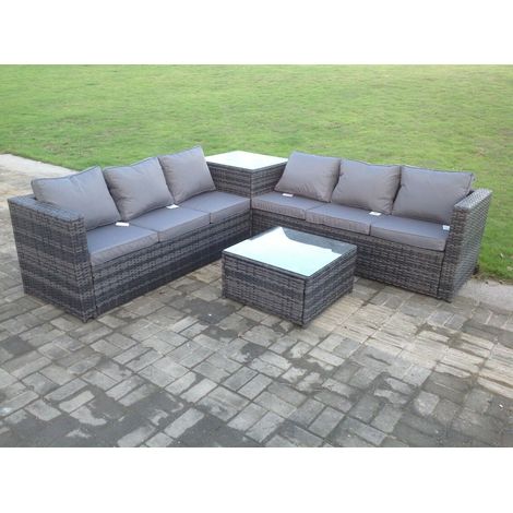 Fimous Dark mixed Grey Outdoor Rattan Garden Furniture Set Corner Sofa 2 Tables (1/2)