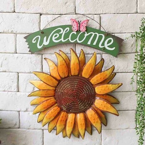 Plaque de porte murale de bienvenue en métal, motif tournesol, pour porte d'entrée, couronne, décoration pour maison, porche, bar, café, magasin