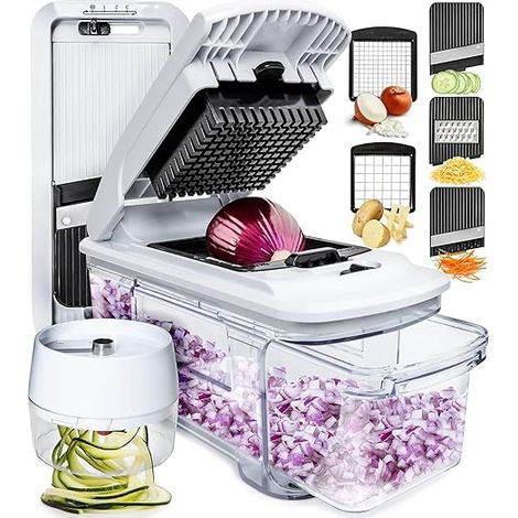 Hachoir à légumes : trancheuse et spiraliseur tout-en-un avec plateau – Idée cadeau pour la cuisine, blanc