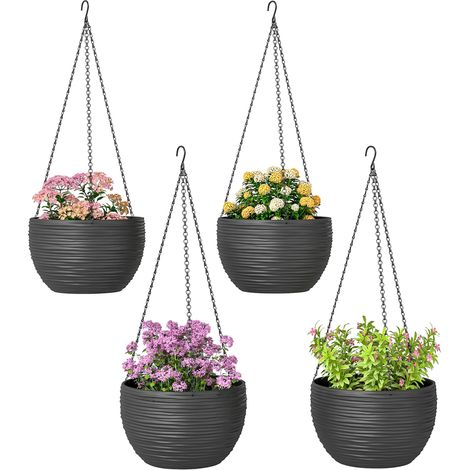 Pots de fleurs pour plantes d'intérieur et d'extérieur, à arrosage automatique, suspendus avec chaînes métalliques, lot de 4, noirs