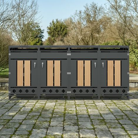 Cache-poubelle verrouillable 132x80x118,5cm, meuble de rangement avec couvercle à charnières et quatre portes en bois - Gris, Bois (1/5)