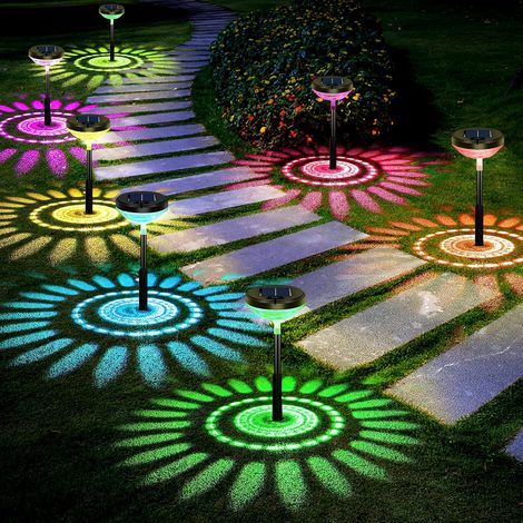 Lot de 4 lampes solaires pour allées, LED multicolores et blanc chaud, étanches IP65, pour jardin, cour, pelouse, paysage, décoration extérieure