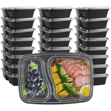 Lunchbox mit 2 Fächern, 25 Stück, 1000 ml, Schwarz, quadratische Form, 21,8 x 15 x 5,5 cm, Box und Deckel pro Einheit für separate Portionen (1/5)