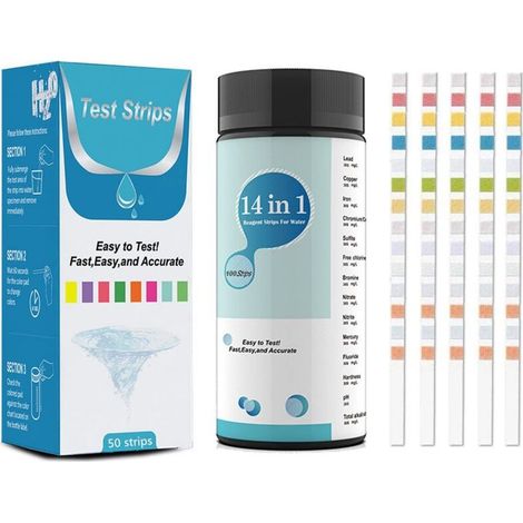 Kit de test d'eau potable 14 en 1 - Kit de test pour l'eau potable, les piscines et les spas pour la dureté, le pH, le plomb, le fer, le cuivre, le chlore, le fluorure et plus encore (100 pièces) (1/4)