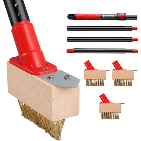 Weed Brush with Telescopic Handle (135 cm), Weed Tool with Wire Brush and Blade Scraper, Remove Moss from Paver Blocks, Driveways (3 Brush Heads) (1/5)