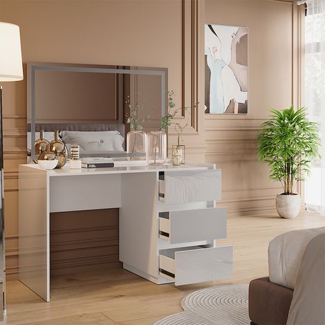 Tocador Marla, Blanco alto brillo, 120 cm con espejo LED, Vicco