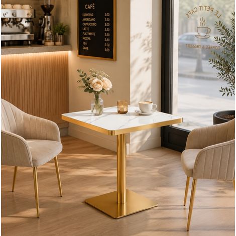 Table à manger carrée avec plateau effet marbre et cadre métallique doré 60x60 cm (1/5)