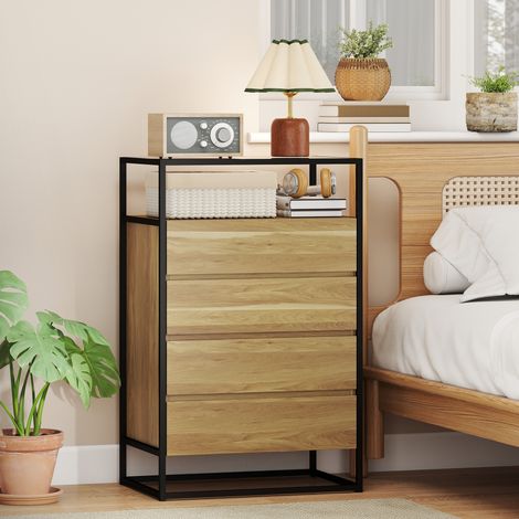 60x40x94,5 cm - Chambre confortable doté de 4 tiroirs, surface en verre trempé, étagère ouverte, structure en acier en teck (1/4)