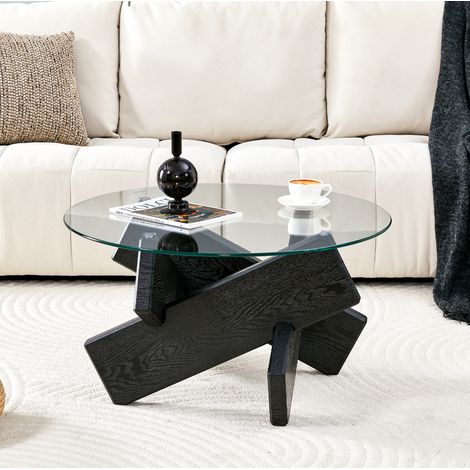 Tavolino da caffè rotondo 79x79x45 cm nero e trasparente in MDF e vetro con base a croce (1/5)