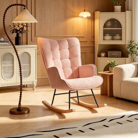 Fauteuil à bascule 75×68×92cm, confortable Haut dossier accoudoirs,Salon chambre bébé - Rose,Velours Teddy doux (1/5)