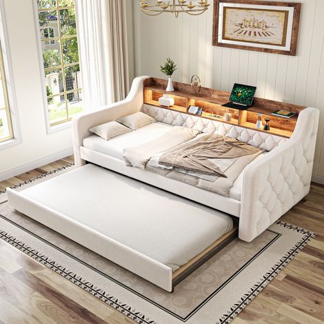 DESVIAE Canapé lit extensible en velours beige avec rangement étagère LED USB C cadre bois métal 90 x 190 cm (1/4)