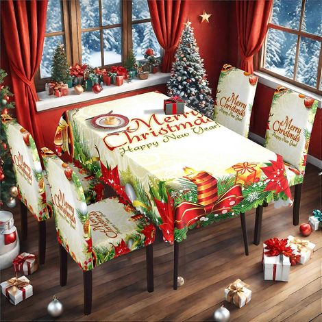 Ensemble nappe et housses de chaises imperméables de Noël à motif lait TC-177 (nappe imperméable 140210cm + 4 housses de chaises)