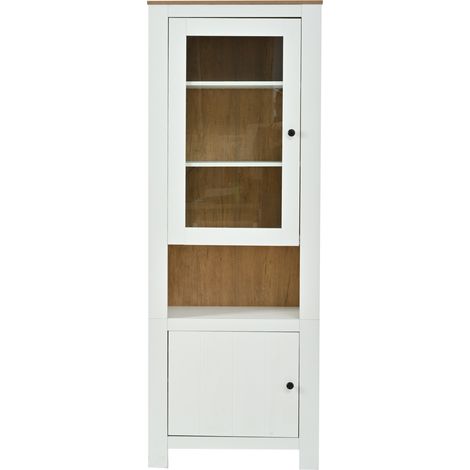 Vetrina alta 70 x 40 x 188 cm con LED, 2 ante e 6 ripiani, bianco e legno naturale (1/5)