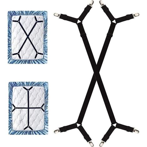 ALLIANDISLot de 2 supports de drap-housse longs réglables avec pinces, tendeur de drap croisé ajustable, convient à tous les matelas carrés - Noir (1/4)