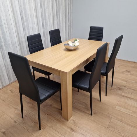 Dining Set of 6 Dining Table and 6 Black Faux leather Chairs Dinig Room Furniture (1/5)