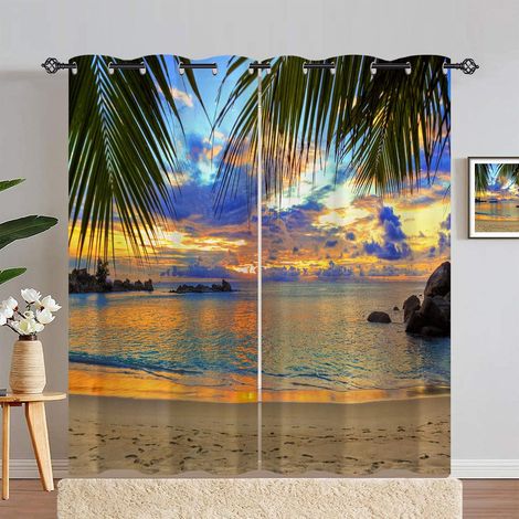 Rideau Occultant Tropical Plage Feuille de Palmier Rideau Thermique Isolant Draperies Intérieurs Tenture Opaque à Oeillets pour Maison Chambre Salon Fenetre 2 Pièces L 117 x H 229 cm - 117L X 229H cm (1/5)